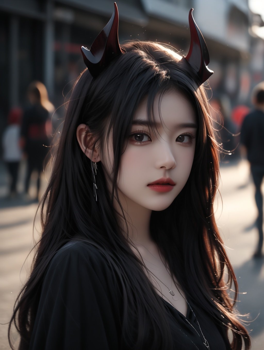 bj_Devil_angel,1girl,long_hair,looking_at_viewer,shirt,black_hair,brown_eyes,jewelry,upper_body,earrings,parted_lips,horns,solo_focus,necklace,blurry,lips,looking_to_the_side,black_shirt,blurry_background,wavy_hair,realistic,red_lips,cinematic lighting,side light,sunshine,strong contrast,high level of detail,Best quality,masterpiece,<lora:FDevil_angel_v3.6:0.7>,