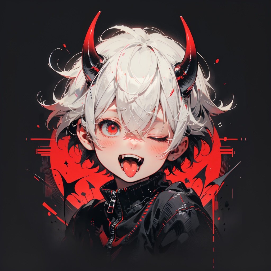 solo, tongue, looking_at_viewer, blush, smile, short_hair, open_mouth, bangs, red_eyes, 1boy, hair_between_eyes, white_hair, male_focus, one_eye_closed, horns, teeth, tongue, tongue_out, fangs, demon_horns, portrait, red_background, zipper, zipper_pull_tab, black_horns, BJ_Imp,cinematic lighting,strong contrast,high level of detail,Best quality,masterpiece,White background,<lora:little_devil_emoji:0.7>,