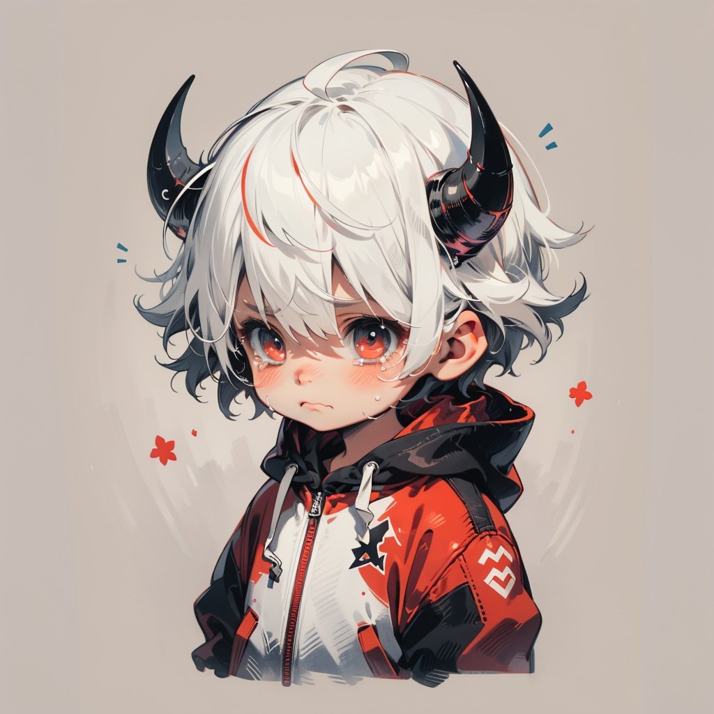 solo, blush, cry, bangs, simple_background, red_eyes, long_sleeves, 1boy, hair_between_eyes, closed_mouth, jacket, upper_body, ahoge, white_hair, male_focus, horns, tears, hood, chibi, sleeves_past_wrists, hoodie, wavy_mouth, hood_down, crying, tearing_up, crying_with_eyes_open, drawstring, black_hoodie, red_hoodie, BJ_Imp,cinematic lighting,strong contrast,high level of detail,Best quality,masterpiece,White background,<lora:little_devil_emoji:0.7>,