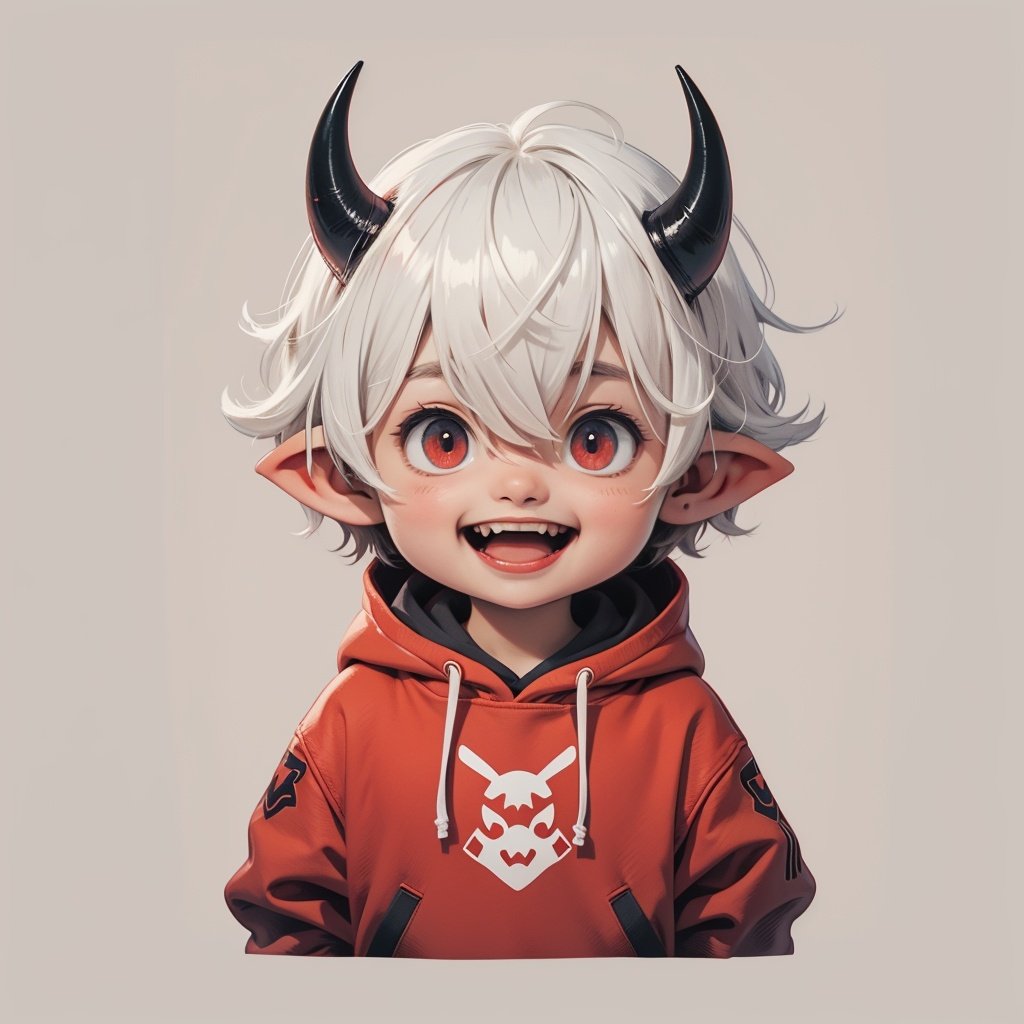 solo,excitement,looking_at_viewer,blush,smile,open_mouth,bangs,simple_background,red_eyes,1boy,hair_between_eyes,upper_body,white_hair,:d,male_focus,horns,pointy_ears,virtual_youtuber,hood,chibi,hoodie,fangs,hood_down,demon_horns,drawstring,red_hoodie,BJ_Imp,cinematic lighting,strong contrast,high level of detail,Best quality,masterpiece,White background,<lora:little_devil_emoji:0.7>,