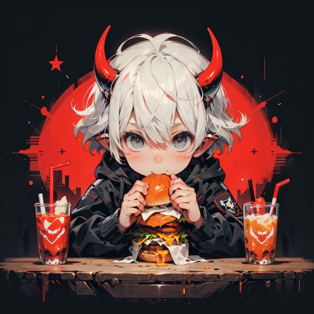 Imp, solo, blush, short_hair, bangs, blue_eyes, simple_background, long_sleeves, 1boy, holding, hair_between_eyes, jacket, upper_body, white_hair, male_focus, food, horns, pointy_ears, hood, star_\(symbol\), cup, grey_eyes, symbol-shaped_pupils, hoodie, eating, table, hood_down, holding_food, demon_horns, brown_background, +_+, drinking_straw, food_on_face, star-shaped_pupils, disposable_cup, red_horns, burger,cinematic lighting,strong contrast,high level of detail,Best quality,masterpiece,White background,<lora:little_devil_emoji:0.7>,