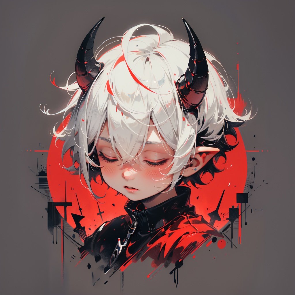 solo, blush, sleeping, short_hair, simple_background, shirt, 1boy, hair_between_eyes, closed_eyes, upper_body, white_hair, short_sleeves, male_focus, parted_lips, horns, pointy_ears, star_\(symbol\), demon_horns, red_shirt, facing_viewer, male_child, black_horns, demon_boy, BJ_Imp,cinematic lighting,strong contrast,high level of detail,Best quality,masterpiece,White background,<lora:little_devil_emoji:0.7>,