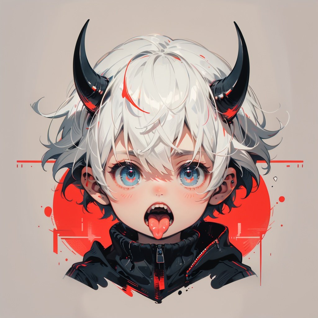 solo, looking_at_viewer, short_hair, open_mouth, bangs, blue_eyes, simple_background, red_eyes, 1boy, jacket, white_hair, male_focus, horns, teeth, tongue, tongue_out, fangs, sharp_teeth, demon_horns, portrait, red_background, zipper, male_child, BJ_Imp,cinematic lighting,strong contrast,high level of detail,Best quality,masterpiece,White background,<lora:little_devil_emoji:0.7>,