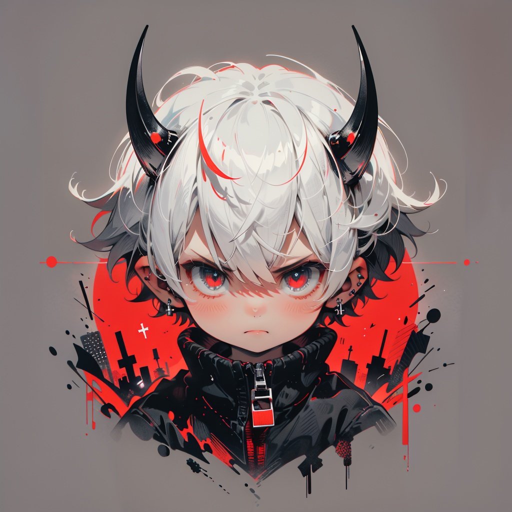 solo, angry, looking_at_viewer, blush, bangs, red_eyes, 1boy, hair_between_eyes, jewelry, closed_mouth, white_hair, grey_hair, male_focus, earrings, horns, pointy_ears, virtual_youtuber, chibi, piercing, cross, slit_pupils, ear_piercing, portrait, red_background, zipper, zipper_pull_tab, kuzuha_\(nijisanji\), BJ_Imp,cinematic lighting,strong contrast,high level of detail,Best quality,masterpiece,White background,<lora:little_devil_emoji:0.7>,