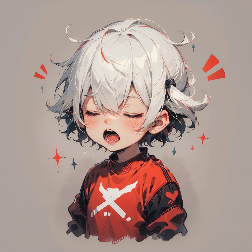 solo, yawn, blush, open_mouth, bangs, simple_background, shirt, long_sleeves, 1boy, hair_between_eyes, closed_eyes, upper_body, white_hair, male_focus, teeth, fang, virtual_youtuber, grey_background, chibi, red_shirt, facing_viewer, brown_background, cropped_torso, notice_lines, male_child, layered_sleeves, BJ_Imp,cinematic lighting,strong contrast,high level of detail,Best quality,masterpiece,White background,<lora:little_devil_emoji:0.7>,