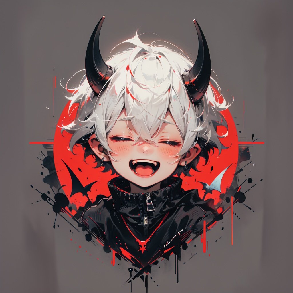 solo, blush, smile, short_hair, open_mouth, 1boy, hair_between_eyes, jewelry, jacket, closed_eyes, upper_body, white_hair, male_focus, horns, teeth, pointy_ears, virtual_youtuber, necklace, black_jacket, fangs, demon_horns, facing_viewer, red_horns, demon_boy, BJ_Imp,cinematic lighting,strong contrast,high level of detail,Best quality,masterpiece,White background,<lora:little_devil_emoji:0.7>,