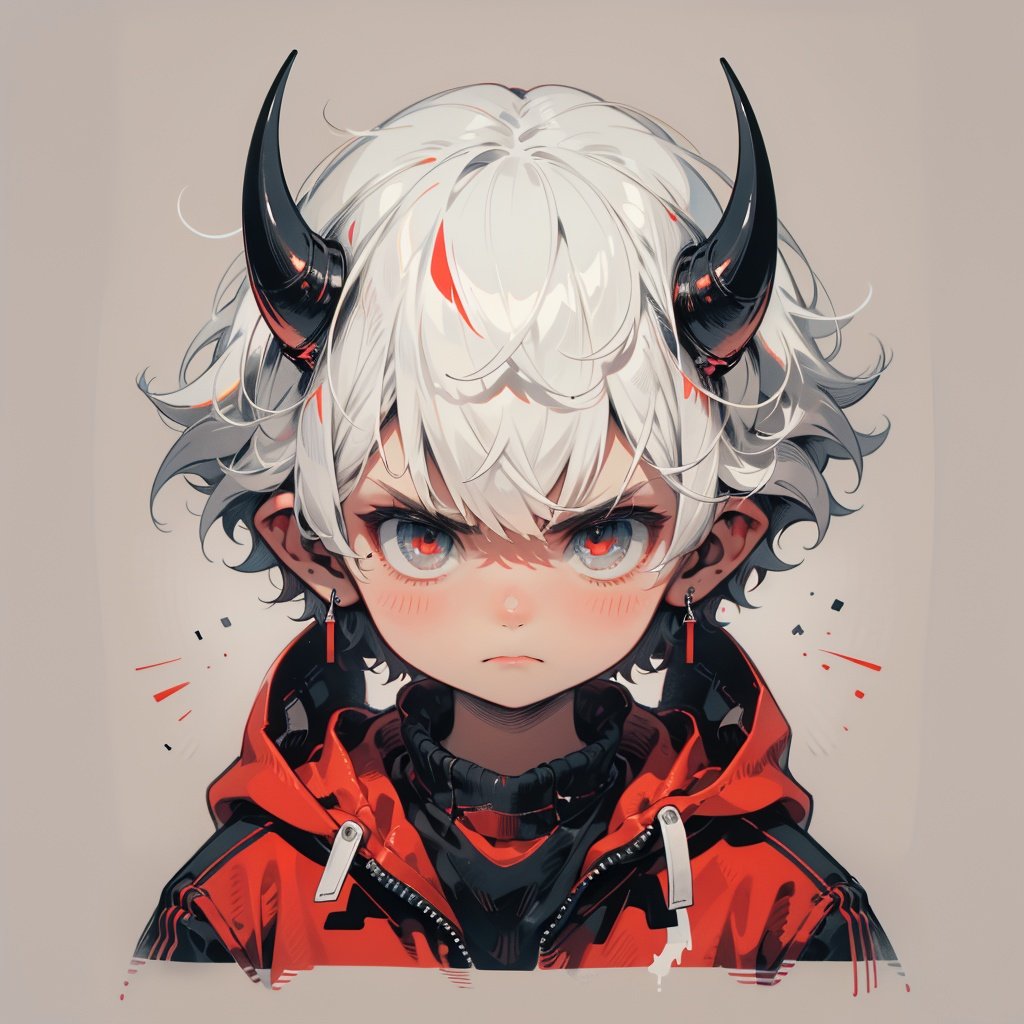 solo, angry, looking_at_viewer, blush, simple_background, shirt, red_eyes, 1boy, jewelry, closed_mouth, jacket, white_hair, male_focus, earrings, horns, pointy_ears, hood, black_shirt, demon_horns, red_jacket, male_child, BJ_Imp,cinematic lighting,strong contrast,high level of detail,Best quality,masterpiece,White background,<lora:little_devil_emoji:0.7>,