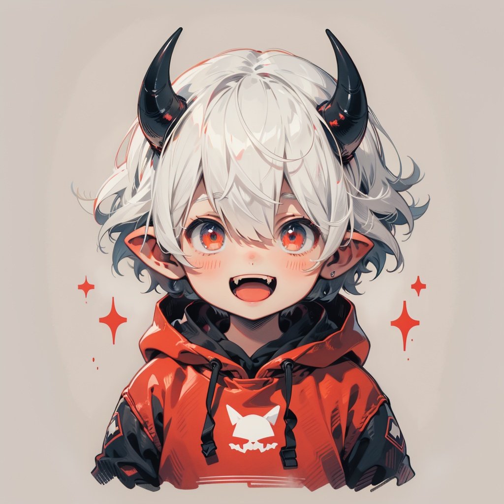 solo, excitement, looking_at_viewer, blush, smile, open_mouth, bangs, simple_background, red_eyes, 1boy, hair_between_eyes, upper_body, white_hair, :d, male_focus, horns, pointy_ears, virtual_youtuber, hood, chibi, hoodie, fangs, hood_down, demon_horns, drawstring, red_hoodie, BJ_Imp,cinematic lighting,strong contrast,high level of detail,Best quality,masterpiece,White background,<lora:little_devil_emoji:0.7>,