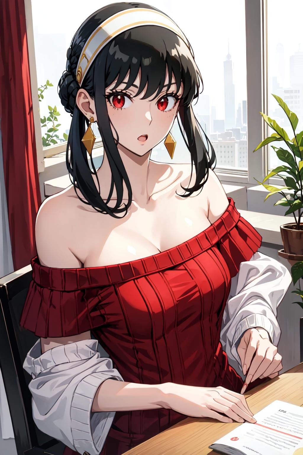 masterpiece, yor, 1girl, solo, looking at viewer, open mouth, black hair, red eyes, dress, bare shoulders, jewelry, collarbone, sidelocks, hairband, earrings, indoors, off shoulder, :o, sweater, arms behind back, plant, short hair with long locks, white hairband, off-shoulder dress, sweater dress, off-shoulder sweater, red sweater, big side hair, very long side hair, <lora:yor:1>