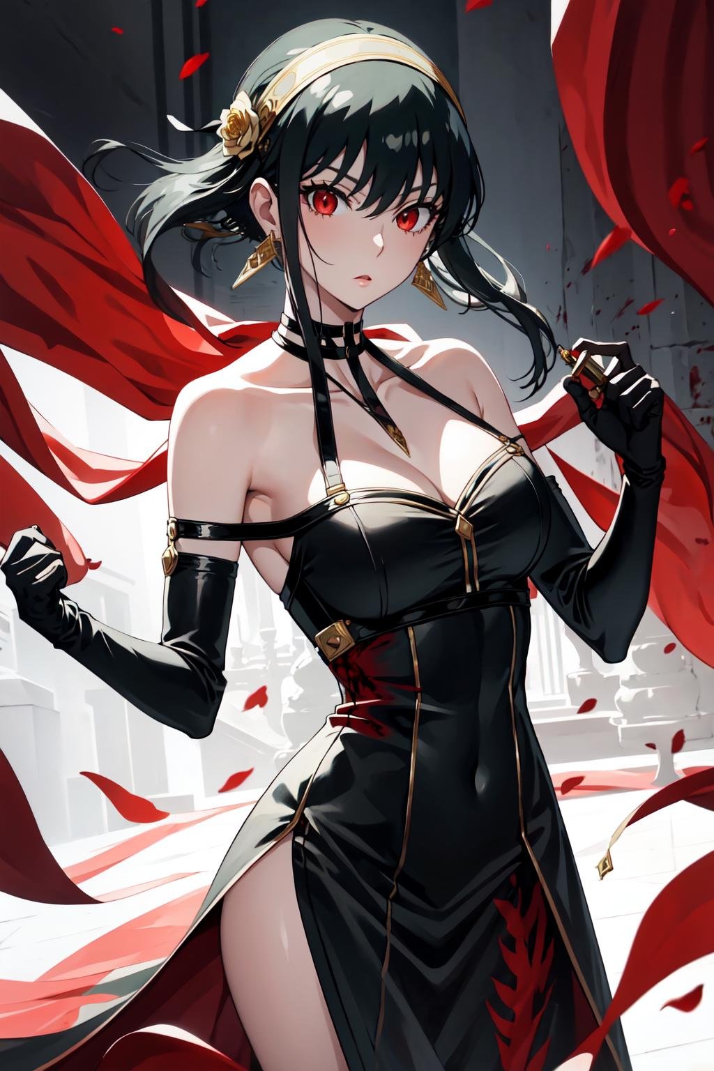 masterpiece, yor, 1girl, solo, long hair, looking at viewer, large breasts, black hair, hair ornament, red eyes, gloves, dress, holding, bare shoulders, jewelry, weapon, flower, sidelocks, hairband, earrings, black gloves, hair flower, fingerless gloves, holding weapon, black dress, blood, knife, short hair with long locks, holding knife, dagger, blood on weapon, holding dagger, gold hairband, <lora:yor:1>