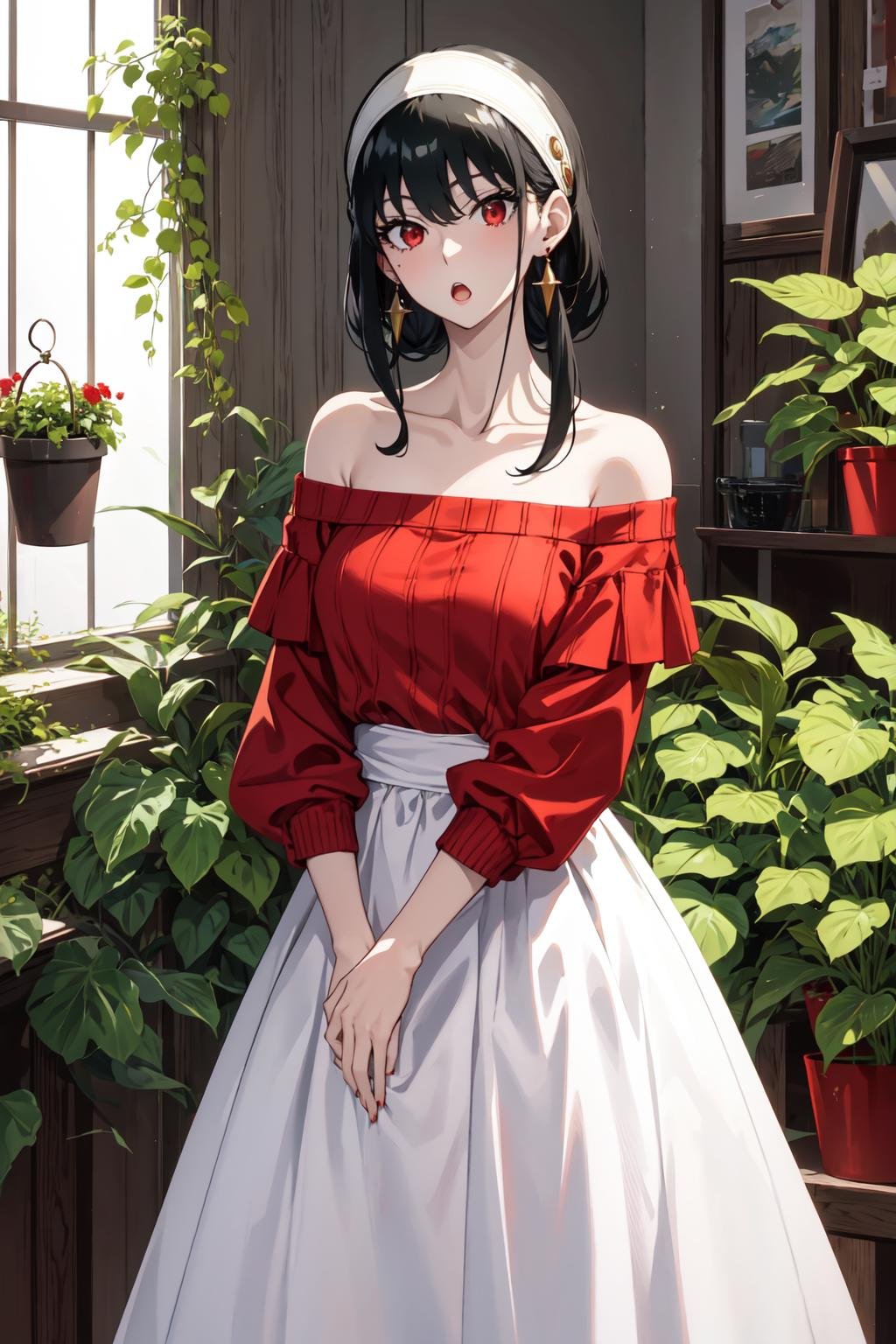 masterpiece, yor, 1girl, solo, looking at viewer, open mouth, black hair, red eyes, dress, bare shoulders, jewelry, collarbone, sidelocks, hairband, earrings, indoors, off shoulder, :o, sweater, arms behind back, plant, short hair with long locks, white hairband, off-shoulder dress, sweater dress, off-shoulder sweater, red sweater, big side hair, very long side hair, <lora:yor:1>