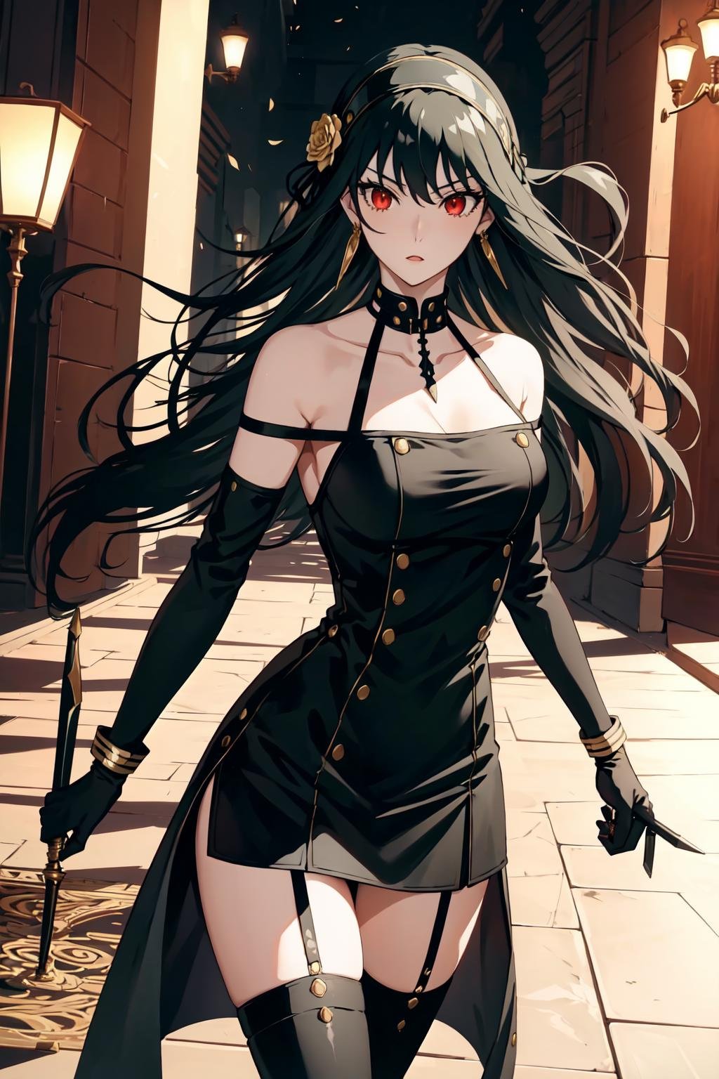 masterpiece, royal background, yor, 1girl, solo, long hair, looking at viewer, large breasts, black hair, hair ornament, red eyes, thighhighs, gloves, dress, holding, bare shoulders, jewelry, standing, weapon, flower, sidelocks, hairband, earrings, boots, black gloves, black thighhighs, hair flower, fingerless gloves, holding weapon, black dress, zettai ryouiki, thigh boots, knife, dual wielding, holding knife, dagger, lamppost, two-sided fabric, holding dagger, gold hairband, two-sided dress, <lora:yor:1>