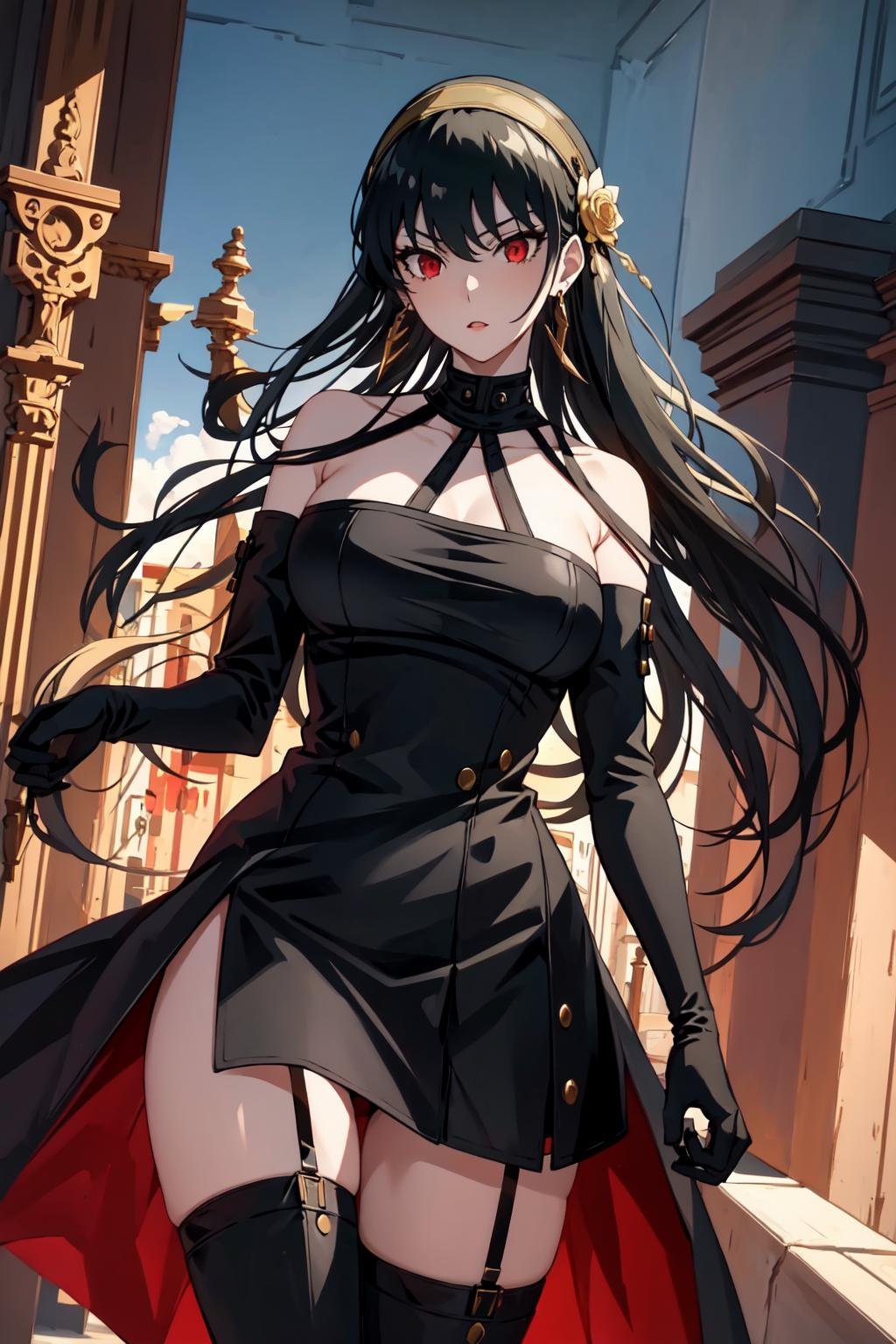 masterpiece, royal background, yor, 1girl, solo, long hair, looking at viewer, large breasts, black hair, hair ornament, red eyes, thighhighs, gloves, dress, holding, bare shoulders, jewelry, standing, weapon, flower, sidelocks, hairband, earrings, boots, black gloves, black thighhighs, hair flower, fingerless gloves, holding weapon, black dress, zettai ryouiki, thigh boots, knife, dual wielding, holding knife, dagger, lamppost, two-sided fabric, holding dagger, gold hairband, two-sided dress, <lora:yor:1>