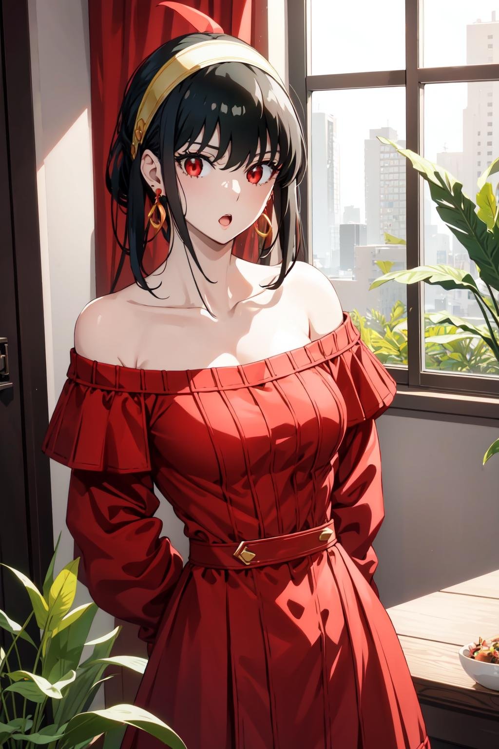 masterpiece, yor, 1girl, solo, looking at viewer, open mouth, black hair, red eyes, dress, bare shoulders, jewelry, collarbone, sidelocks, hairband, earrings, indoors, off shoulder, :o, sweater, arms behind back, plant, short hair with long locks, white hairband, off-shoulder dress, sweater dress, off-shoulder sweater, red sweater, big side hair, very long side hair, <lora:yor:1>