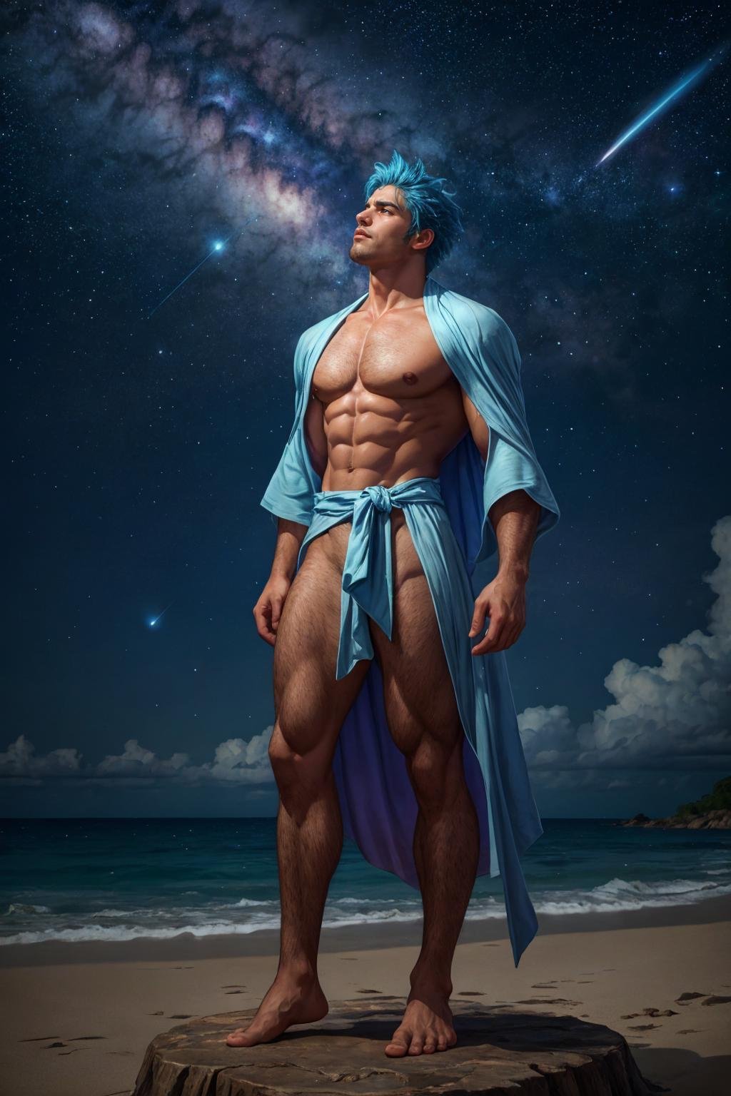 1boy, gorgeous, delicate, blue hair, wearing intricate light blue robe, barefoot, looking up into sky, standing in the middle of the ocean, beautiful aquamarine eyes, sky is galaxy and stars, shooting meteorites, longing, galaxy, nebula, milky way, dynamic pose, bright and vibrant night sky,, best quality, masterpiece, realistic, cinematic composition, (detailed background), depth of field, intricate details, 8k, detailed skin texture, detailed face, realistic eyes, male focus, photo of a man,