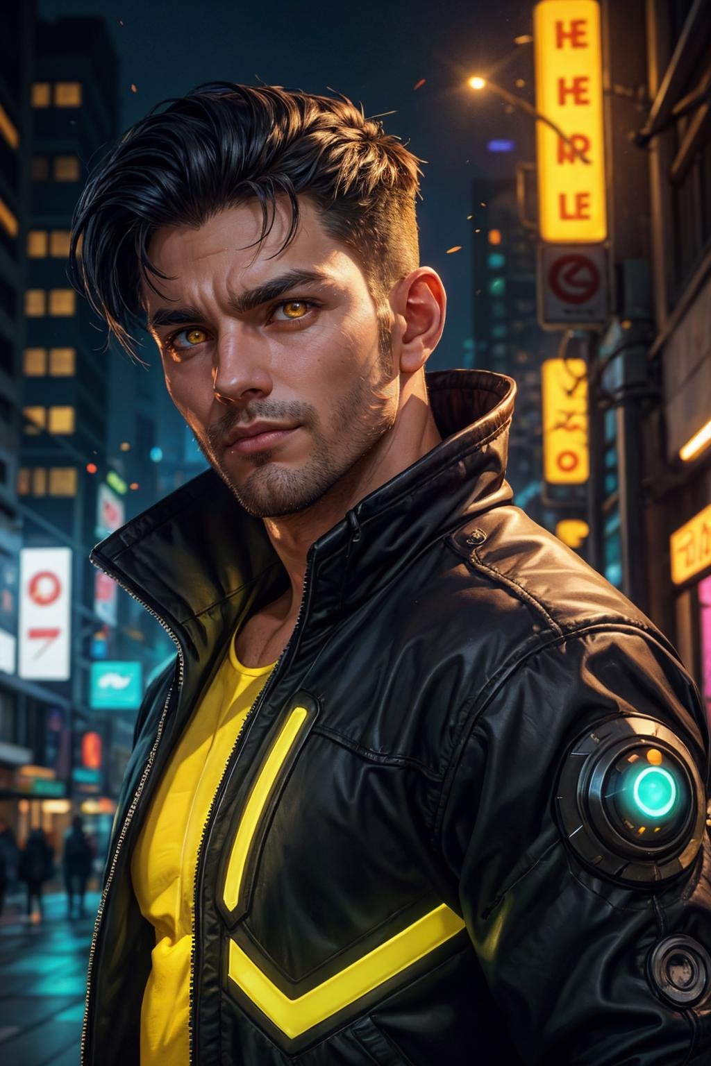 wearing futuristic black jacket with glowing lining, neon city lights, sharp focus, futuristic cyberpunk city street, soft lighting, (smirk:0.7), (face portrait), (extreme close up:1), cybernetic parts, science fiction, pectorals, glowing cybernetic eyes, (yellow eyes),, best quality, masterpiece, realistic, cinematic composition, (detailed background), depth of field, intricate details, 8k, detailed skin texture, detailed face, realistic eyes, male focus, photo of a man,