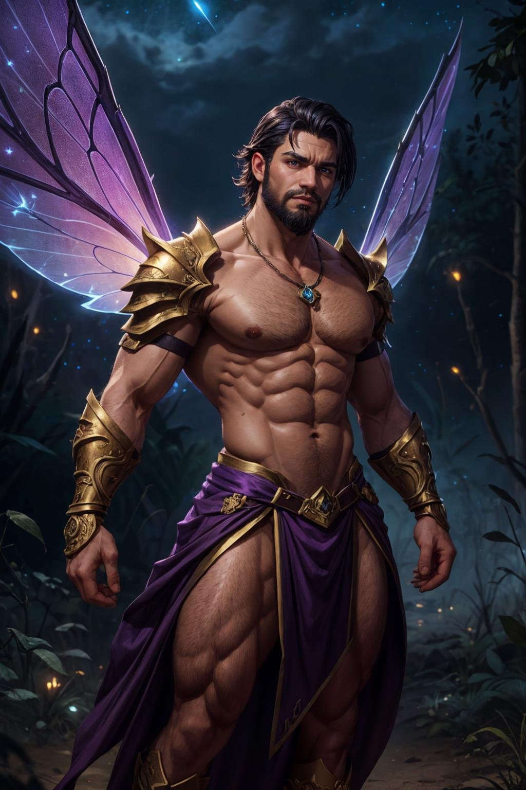 male fairy, wearing intricate full fairy-themed armor, body piercing, jewelry, see-through ethereal full armor, glowing particles, fairy magic, night, glowing ethereal body, photo by greg rutkowski, stars, night sky, bracer, shoulder armor, very large intricate glowing fairy wings, dynamic pose, fighting stance, (large pectorals), beard, pectorals, abs, extremely muscular, (glowing purple eyes), black hair, best quality, masterpiece, realistic, (detailed background), depth of field, intricate details, 8k, art by greg rutkowski, detailed skin texture, detailed face, realistic eyes, male focus, photo of a man,