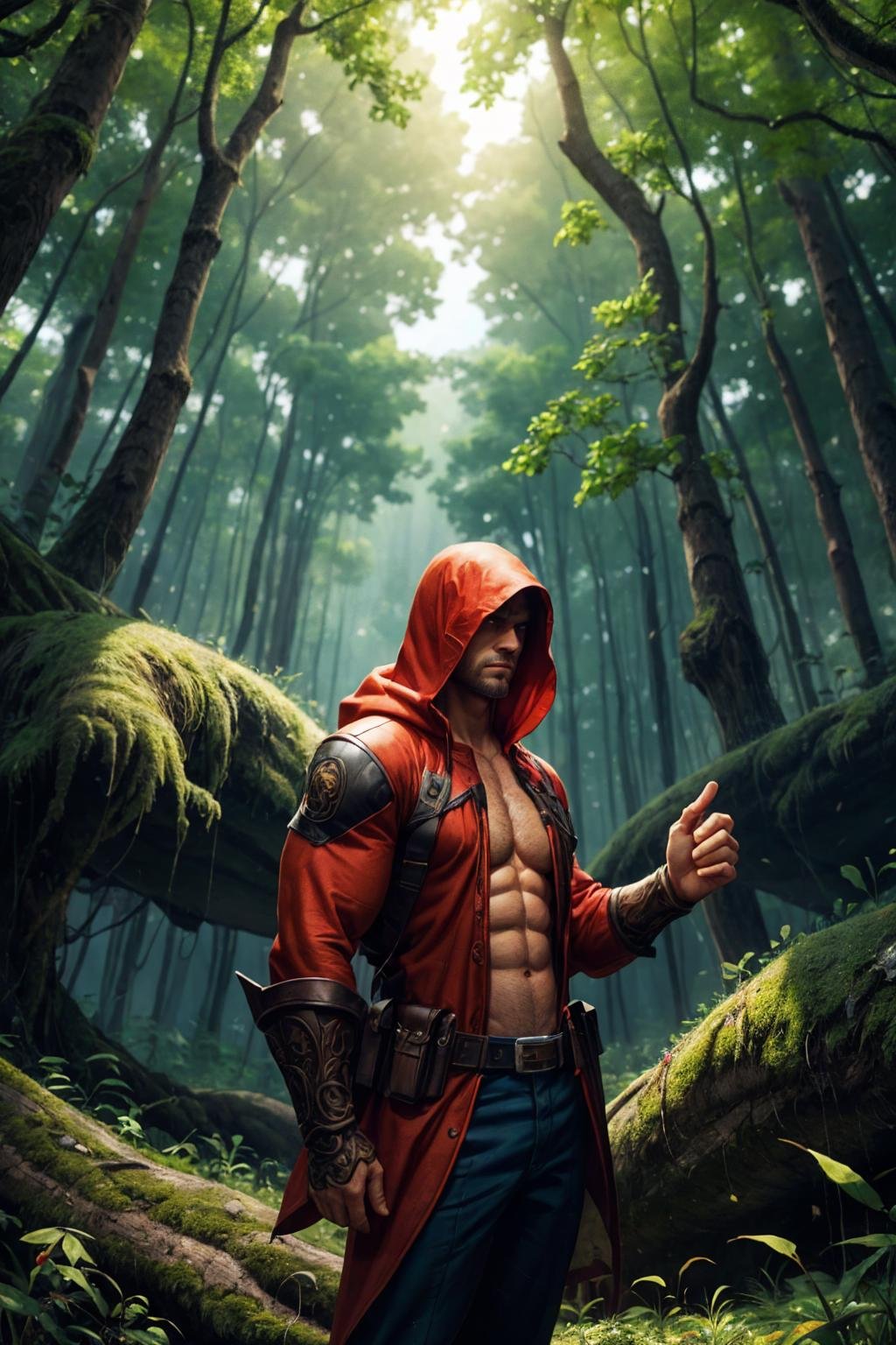 man in red Hood in front of magnificent gnarled ancient meandering tree with intertweened meandering roots,filigree branches,mighty oak,gnurly burl,wood grain,wrinkled pine bark,rust,shadow play,mystic forest background, light breeze, immaculate green foliage,dendrarium,not so arid,magic mushroom harvest,plush grass,moss,bliss,blue skies with billowing cumulus clouds,(intricate details),perfect tetradic colors,amazing epic illustration,realistic,cuteism overload, digital ink sketch painting by Wonkeyman, pectorals,, best quality, masterpiece, realistic, cinematic composition, (detailed background), depth of field, intricate details, 8k, detailed skin texture, detailed face, realistic eyes, male focus, photo of a man,