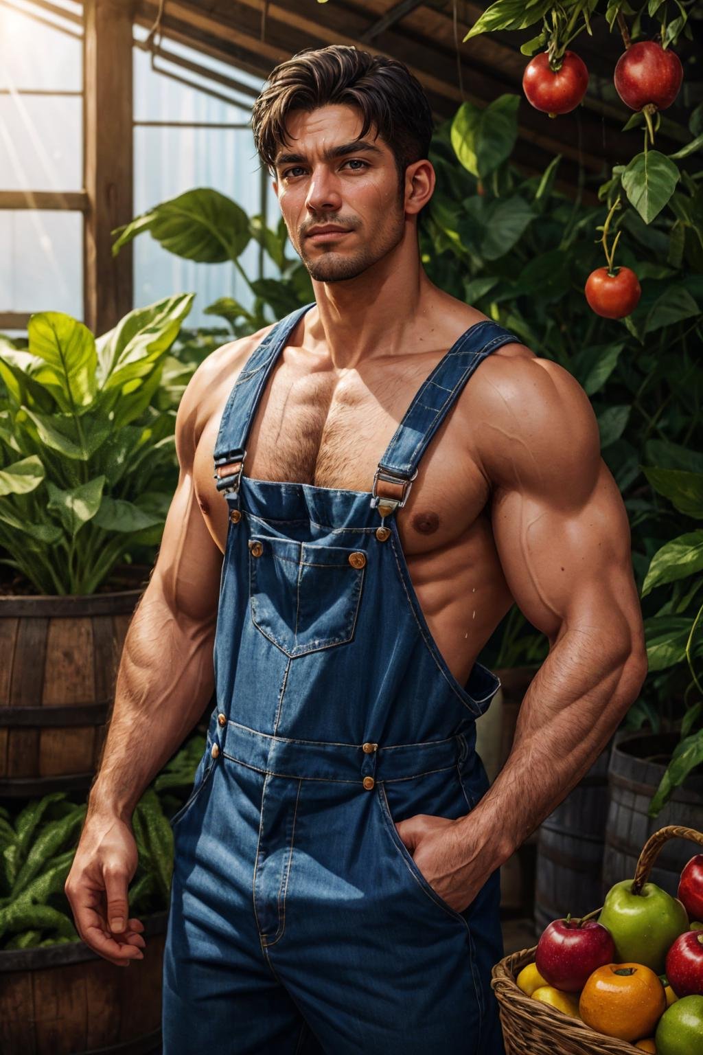 (latino man), wearing naked overalls, farming, crops, plants, greenhouse, barrels, bushels of fruits and vegetables, sunlight, (smile:0.7), dirty clothes, sweaty, looking at viewer,, best quality, masterpiece, realistic, cinematic composition, (detailed background), depth of field, intricate details, 8k, detailed skin texture, detailed face, realistic eyes, male focus, photo of a man,