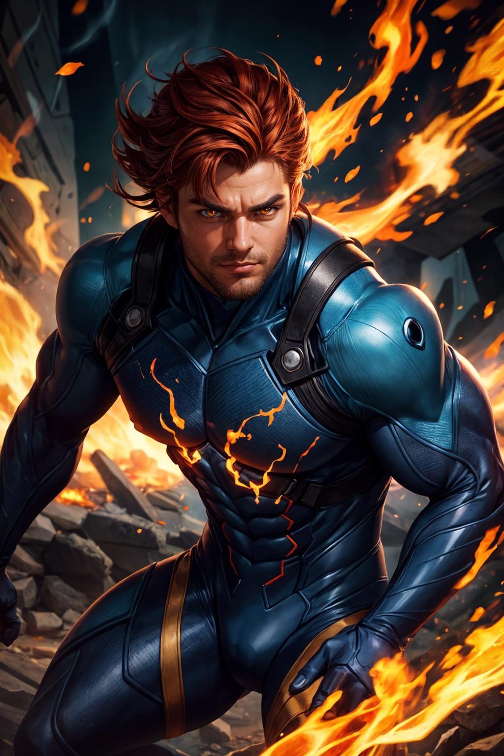 1man, auburn hair, fair skin, hero bodysuit, glowing eyes, beautiful amber eyes, (hyperdefined), natural bright colours, unusual-angle, artwork, flames, steam, complex lighting,(fine-details:1.2), absurdres, flat-colors, ultradetailed, swirling flames around man,, best quality, masterpiece, realistic, cinematic composition, (detailed background), depth of field, intricate details, 8k, detailed skin texture, detailed face, realistic eyes, male focus, photo of a man,