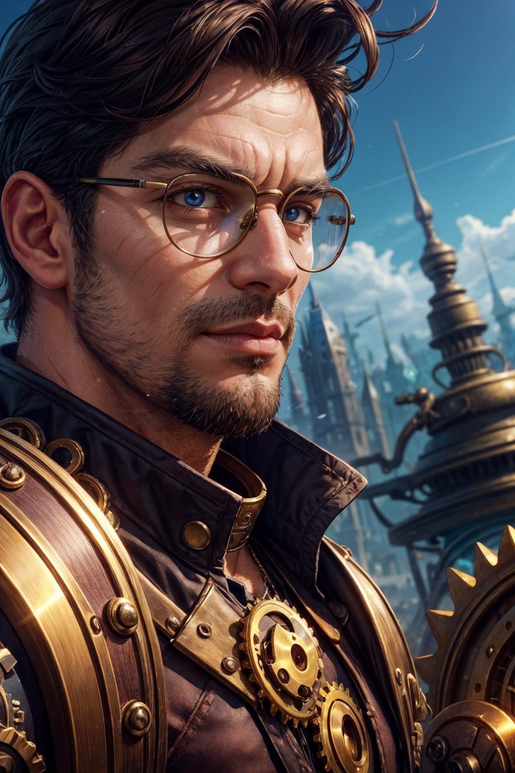 wearing intricate steampunk style fantasy clothes, (steampunk fantasy city), sky, brown hair, facial hair, upper body, brass cogs and gears, glasses, looking at viewer, shirt, pants, science fiction, portrait, (extreme close up:1.3), pectorals,, best quality, masterpiece, realistic, cinematic composition, (detailed background), depth of field, intricate details, 8k, detailed skin texture, detailed face, realistic eyes, male focus, photo of a man,