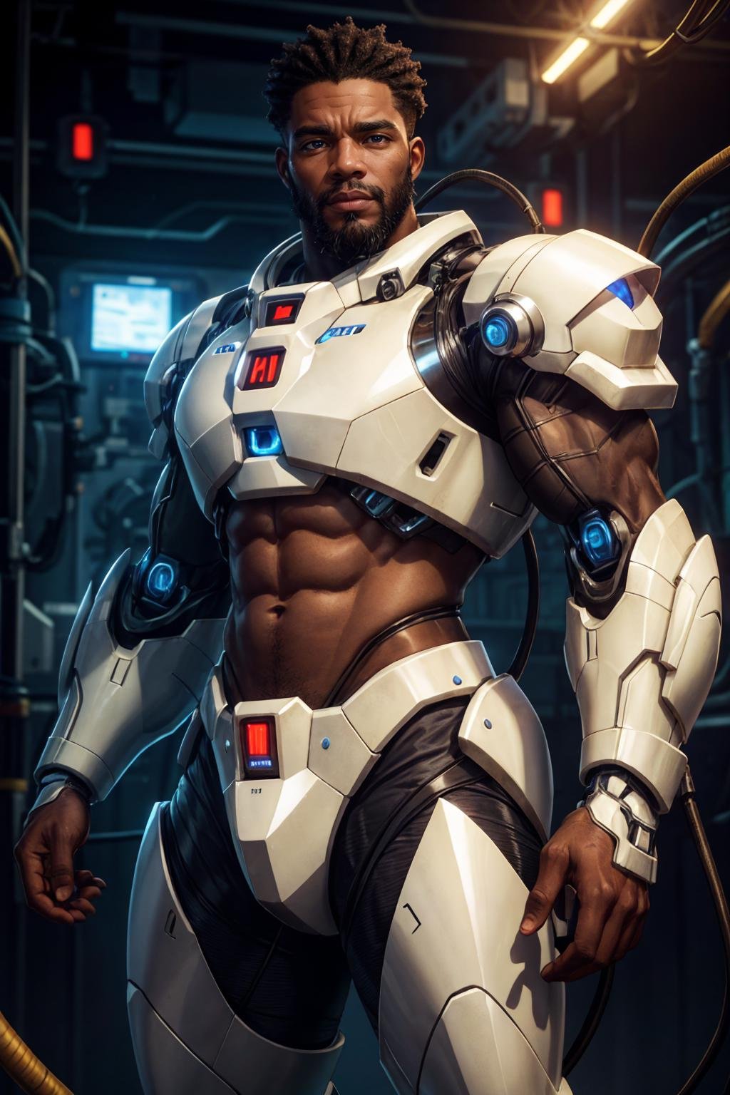 african man wearing white mecha power armor, glowing, cables, wires, futuristic lab background, medium hair, transparent plastic, beard, upper body, science fiction,, best quality, masterpiece, realistic, cinematic composition, (detailed background), depth of field, intricate details, 8k, detailed skin texture, detailed face, realistic eyes, male focus, photo of a man,