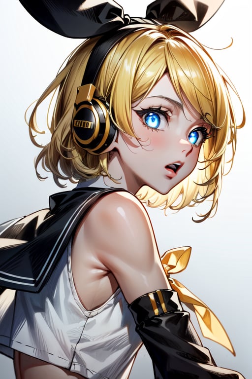 masterpiece, best quality, absurdres, perfect anatomy, 1girl, solo, Rin Kagamine, glowing eyes, short hair, hair ribbon, number tattoo, bow, white shirt, detached sleeves, sailor collar, headphones, close up, (upper body:1.2), from side,Rin Kagamine