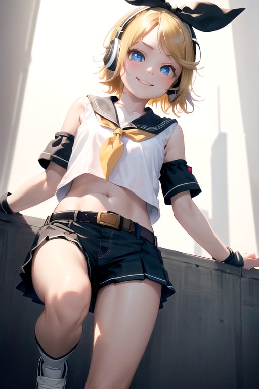 rin kagamine, blonde hair, blue eyes, hair bow, headset, short hair, headphones,bare shoulders, belt, black sailor collar, black shorts, bow, crop top, detached sleeves, grey legwear, grey shorts, grey sleeves, hair bow, leg warmers, neckerchief, sailor collar, school uniform, shirt, mini skirt, short sleeves, shorts, white bow, white footwear, white shirt, yellow neckerchief, from below, pink panties,(best quality, masterpiece, RAW photo,ultra-detailed:1.2), ,1girl,solo,looking at viewer,smile,Rin Kagamine