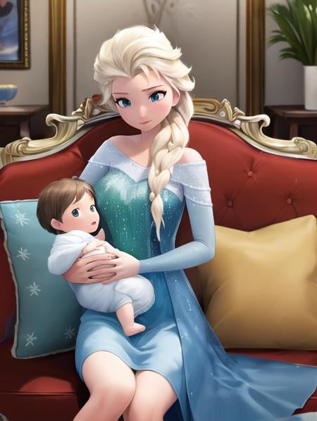 best quality, masterpiece, highres, detailed, perfect anatomy,  <lora:Detail - add_detail:0.2>,  BFmother, 1baby, mother holding baby, mother and baby, motherly, sitting, living room, sofa, baby, <lyco:Mother_and_Baby:0.8>,  elsa, blue dress, <lora:Character - Elsa-04:0.6>