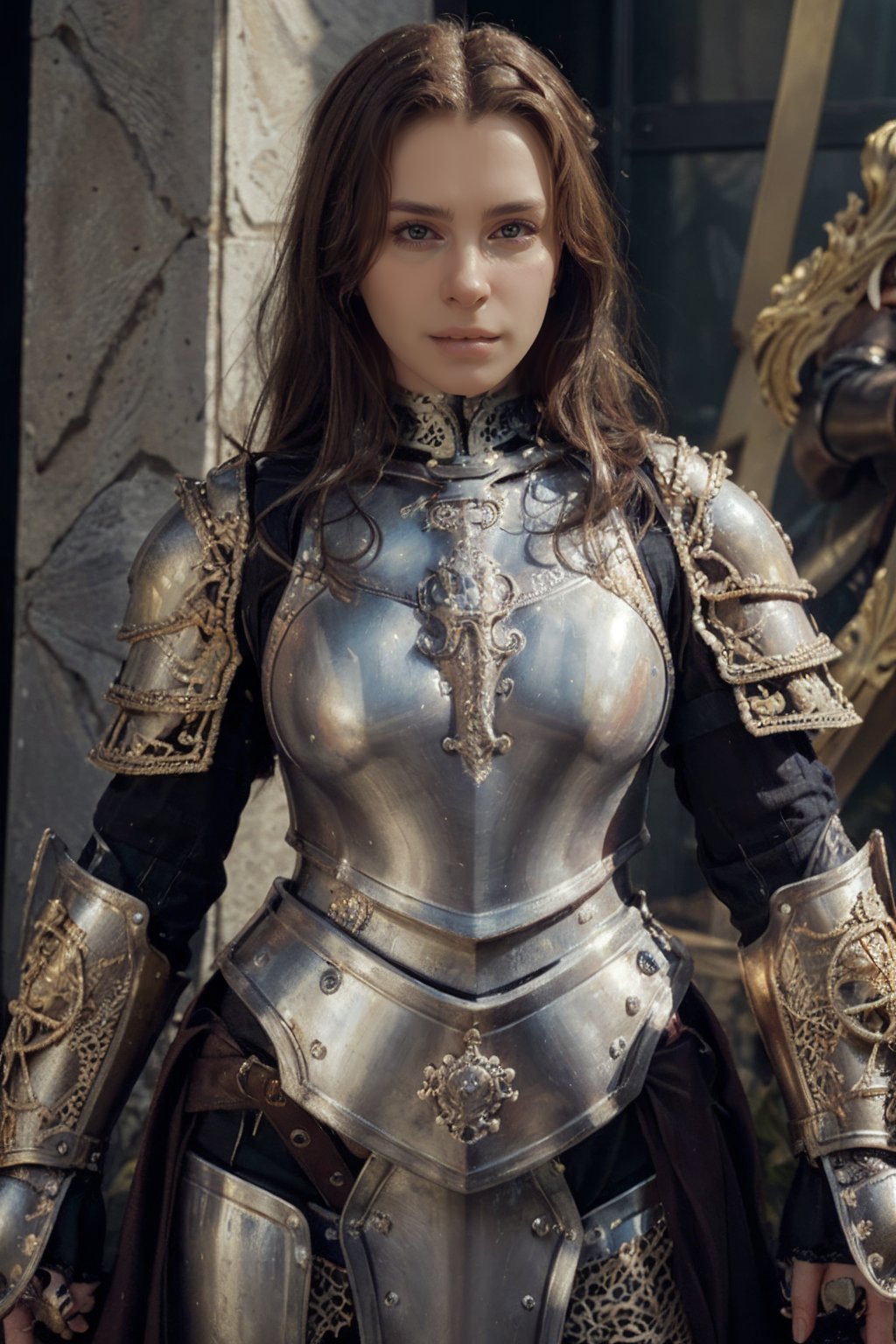 4nn4,(masterpiece:1.2), portrait of a medieval knight, intricate details, natural skin details, cinematic photography, angry,( ornamental filigree design over armor:1.4), engraving, very detailed armor, rusty, absurdres, jehovatis witnesses, golden hours,, <lora:4nn4-04:1> 