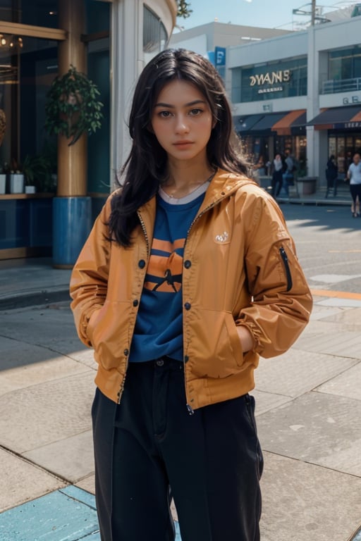 s1nt1a,(RAW photo, best quality), (realistic, photo-realistic:1.30),girly,solo,1girl,detailed eyes,hair decoration,trendy expression,jacket,top,pants,(style:1.5),outdoors,mall,clothes,detailed background,(blue and orange tone impression:1.3), soft lighting,gorgeous light and shadow ,stunning environment, hyperdetailed, (aestheticism), ethereal, golden hour,,  <lora:s1nt1a-03:1>