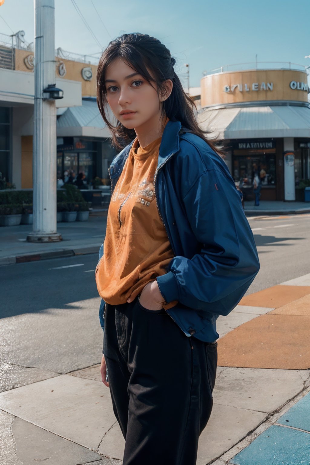 s1nt1a,(RAW photo, best quality), (realistic, photo-realistic:1.30),girly,solo,1girl,detailed eyes,hair decoration,trendy expression,jacket,top,pants,(style:1.5),outdoors,mall,clothes,detailed background,(blue and orange tone impression:1.3), soft lighting,gorgeous light and shadow ,stunning environment, hyperdetailed, (aestheticism), ethereal, golden hour,,  <lora:s1nt1a-03:1>