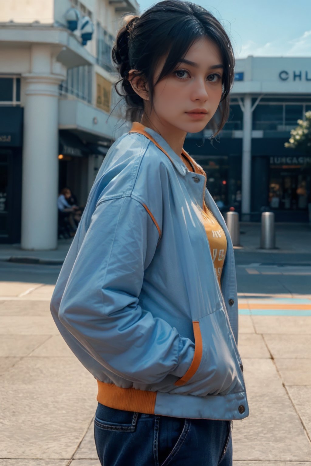 s1nt1a,(RAW photo, best quality), (realistic, photo-realistic:1.30),girly,solo,1girl,detailed eyes,hair decoration,trendy expression,jacket,top,pants,(style:1.5),outdoors,mall,clothes,detailed background,(blue and orange tone impression:1.3), soft lighting,gorgeous light and shadow ,stunning environment, hyperdetailed, (aestheticism), ethereal, golden hour,,  <lora:s1nt1a-03:1>