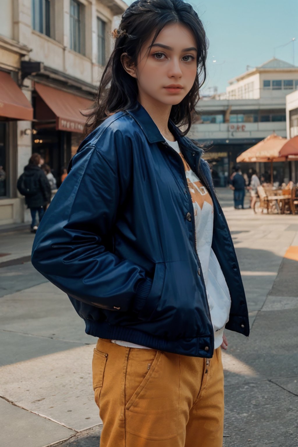 s1nt1a,(RAW photo, best quality), (realistic, photo-realistic:1.30),girly,solo,1girl,detailed eyes,hair decoration,trendy expression,jacket,top,pants,(style:1.5),outdoors,mall,clothes,detailed background,(blue and orange tone impression:1.3), soft lighting,gorgeous light and shadow ,stunning environment, hyperdetailed, (aestheticism), ethereal, golden hour,,  <lora:s1nt1a-03:1>