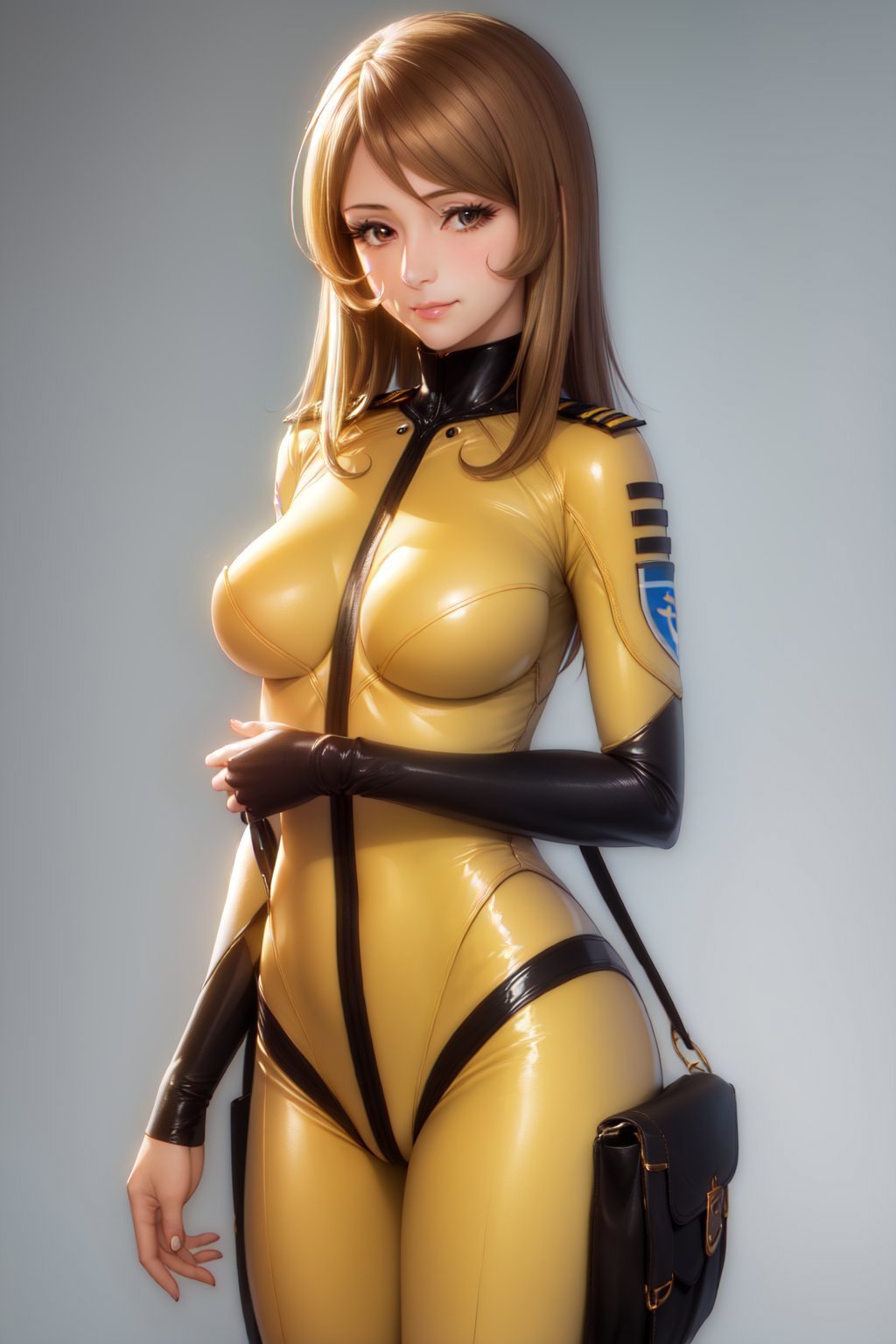 (masterpiece, best quality:1.2), <lyco:spacebattleship_mori-11:1.0>, cowboy shot, solo, 1girl, mori yuki, slight smile, closed mouth, looking at viewer, yellow bodysuit, skin tight