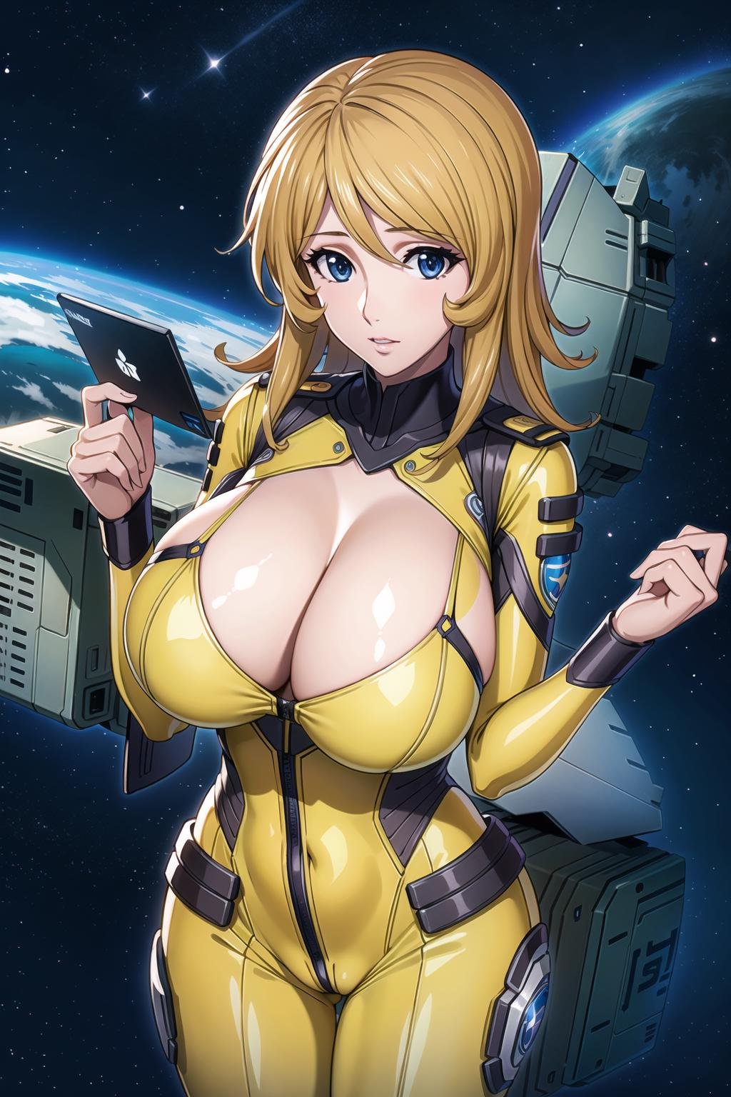 8k, 1girl,space ship,bodysuit,cleavage, night,galaxy, space, huge breasts, holding laptop, looking at viewer, , solo focus, cowboy shot, (masterpiece:1.4),(best quality:1.4),(shiny skin),steaming body ,      <lora:yuki:0.6>