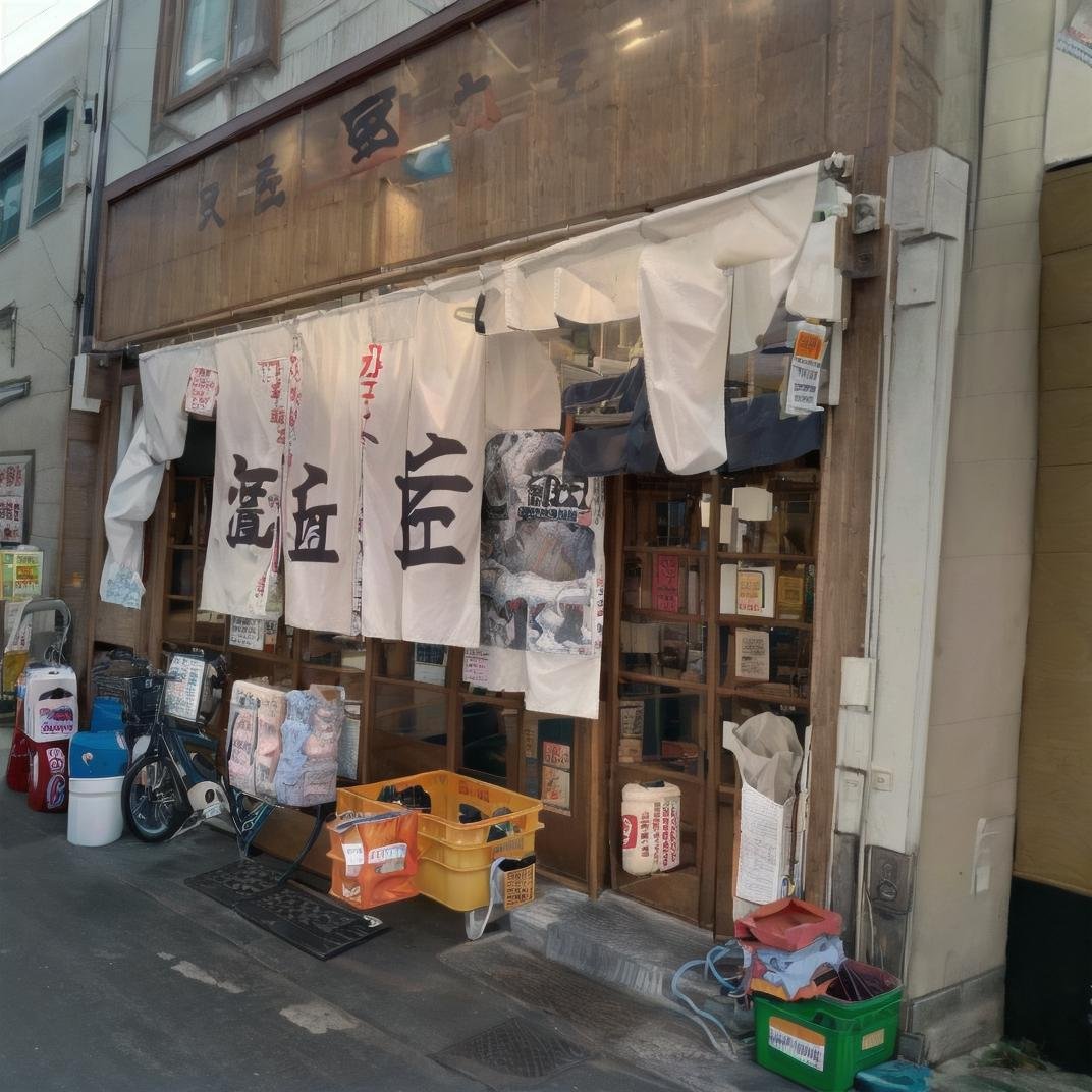 best quality, ultra-detailed, illustration,sakaba, storefront, japan, sign, scenery, shop, outdoors, road, street, cable, building, bicycle, statue, food, alley, night, convenience store, door, pavement, realistic, photo background, photo (medium) <lora:JAPN_SCENERY_TaisyuSakaba_Storefront_SD15_V1:1>