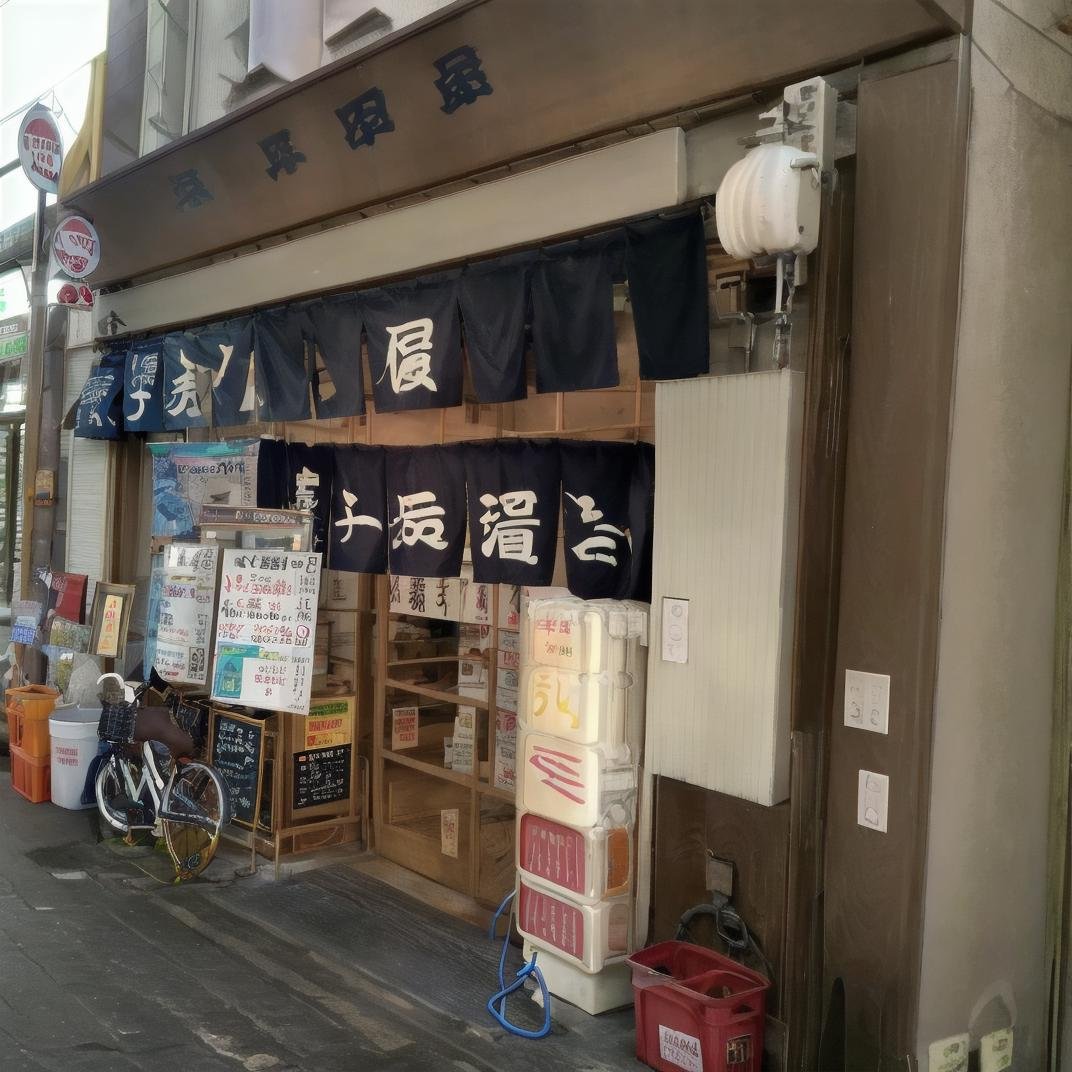 best quality, ultra-detailed, illustration,sakaba, storefront, japan, sign, scenery, shop, outdoors, road, street, cable, building, bicycle, statue, food, alley, night, convenience store, door, pavement, realistic, photo background, photo (medium) <lora:JAPN_SCENERY_TaisyuSakaba_Storefront_SD15_V1:1>