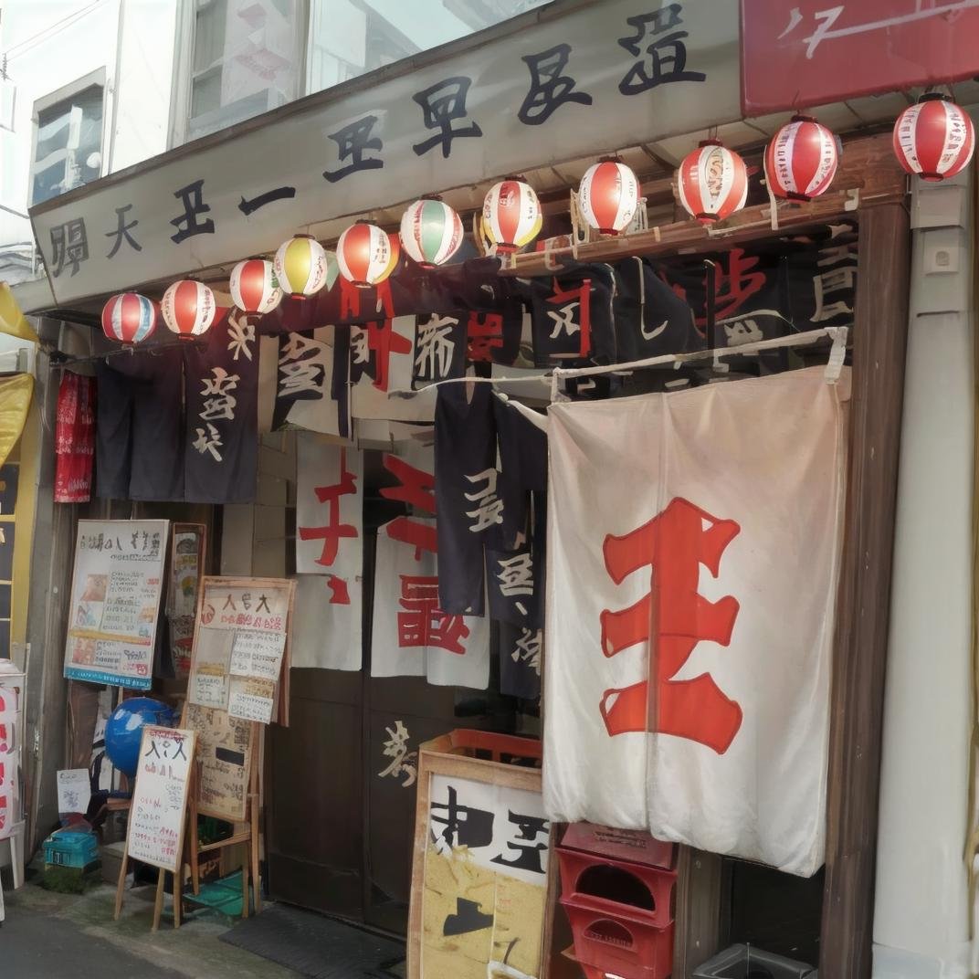 best quality, ultra-detailed, illustration,sakaba, storefront, japan, lantern, scenery, paper lantern, outdoors, building, sign, sky, day, architecture, window, realistic, photo background, photo (medium) <lora:JAPN_SCENERY_TaisyuSakaba_Storefront_SD15_V1:1>