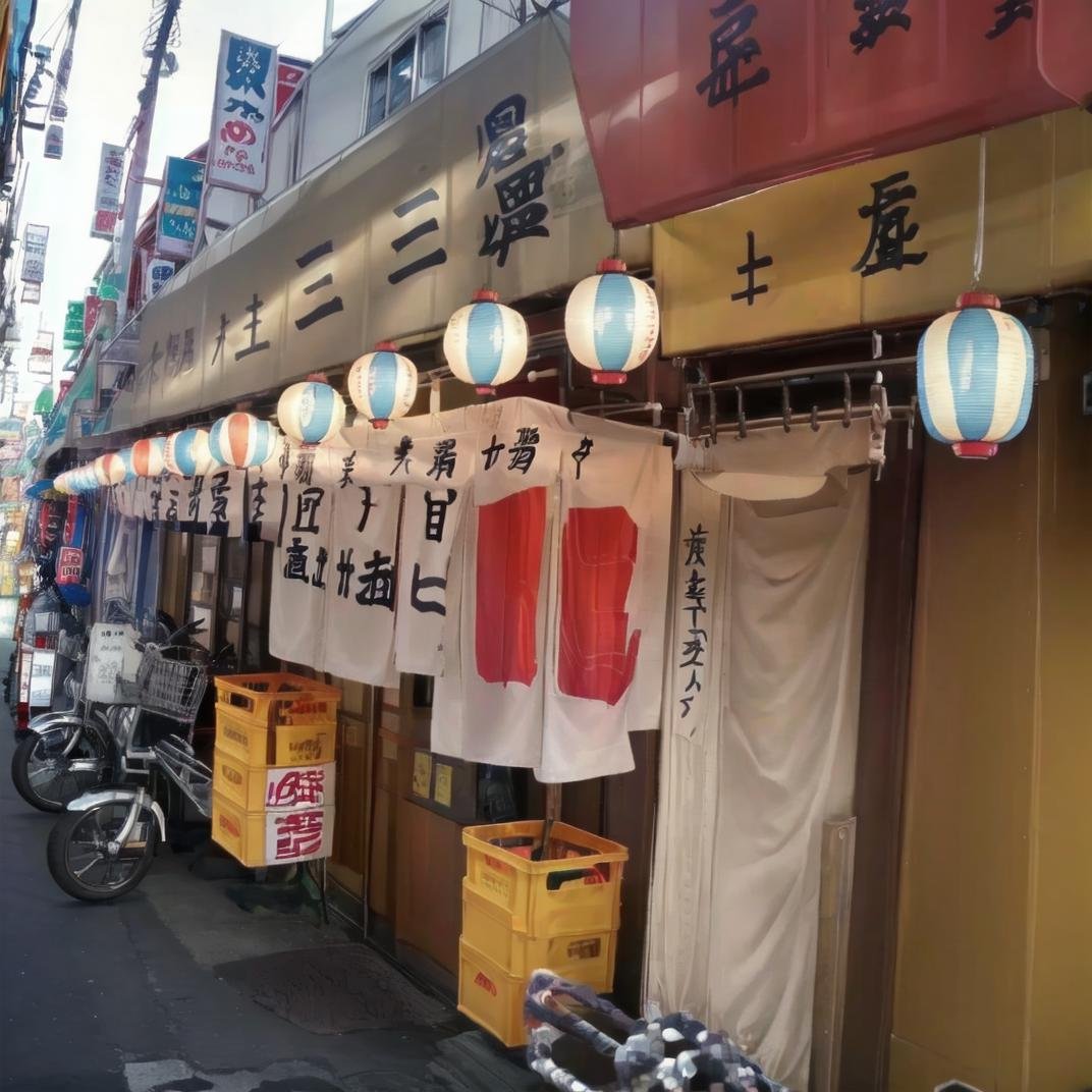 best quality, ultra-detailed, illustration,sakaba, storefront, japan, bicycle, scenery, outdoors, road, street, sign, lantern, paper lantern, banner, shop, building, food, power lines, alley, city, day, realistic, photo background, photo (medium) <lora:JAPN_SCENERY_TaisyuSakaba_Storefront_SD15_V1:1>
