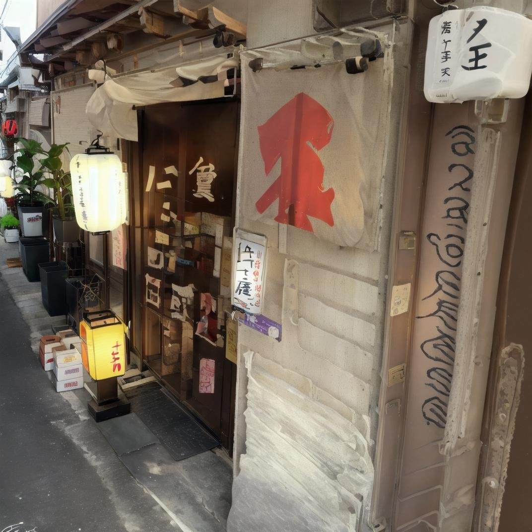 best quality, ultra-detailed, illustration,sakaba, storefront, japan, scenery, sign, outdoors, lantern, plant, alley, box, paper lantern, building, trash can, door, potted plant, night, light, signature, road, realistic, photo background, photo (medium) <lora:JAPN_SCENERY_TaisyuSakaba_Storefront_SD15_V1:1>