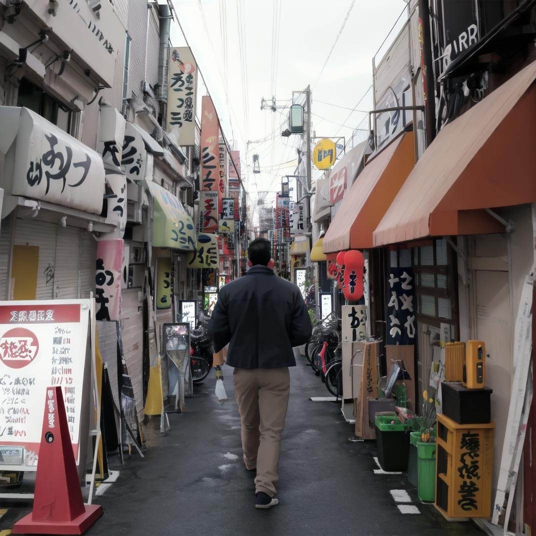 best quality, ultra-detailed, illustration,syonbenyokocho, street, japan, power lines, traffic cone, street, 1boy, road, sign, ground vehicle, alley, motorcycle, utility pole, trash bag, outdoors, male focus, scenery, holding, walking, bicycle, city, jacket, pants, solo, building, from behind, black hair, day, shop, real world location, car, black jacket, phone, trash can, realistic, <lora:JAPN_SCENERY_SYONBEN-YOKOCHO_SD15_V1:1>