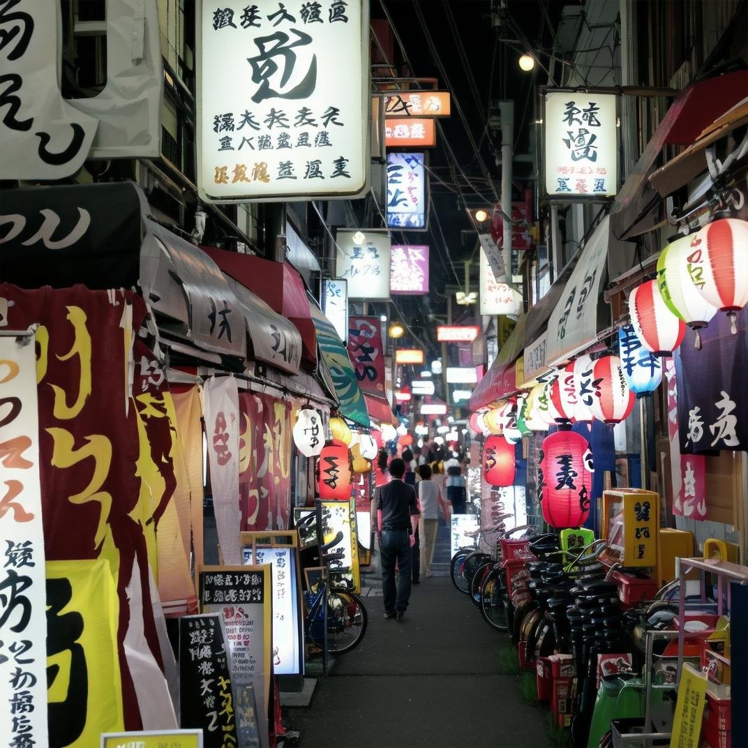 best quality, ultra-detailed, illustration,syonbenyokocho, street, japan, bicycle, neon lights, scenery, ground vehicle, outdoors, night, sign, city, 1boy, bag, paper lantern, multiple boys, cable, male focus, building, lantern, shop, road, realistic, photo background, photo (medium) <lora:JAPN_SCENERY_SYONBEN-YOKOCHO_SD15_V1:1>