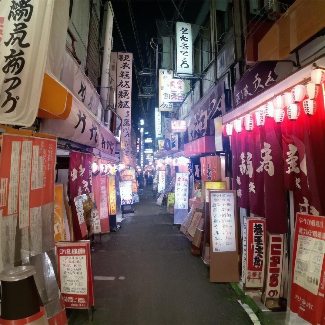 best quality, ultra-detailed, illustration,syonbenyokocho, street, japan, scenery, sign, light, night, ceiling light, traditional media, lantern, real world location, indoors, realistic,  <lora:JAPN_SCENERY_SYONBEN-YOKOCHO_SD15_V1:1>