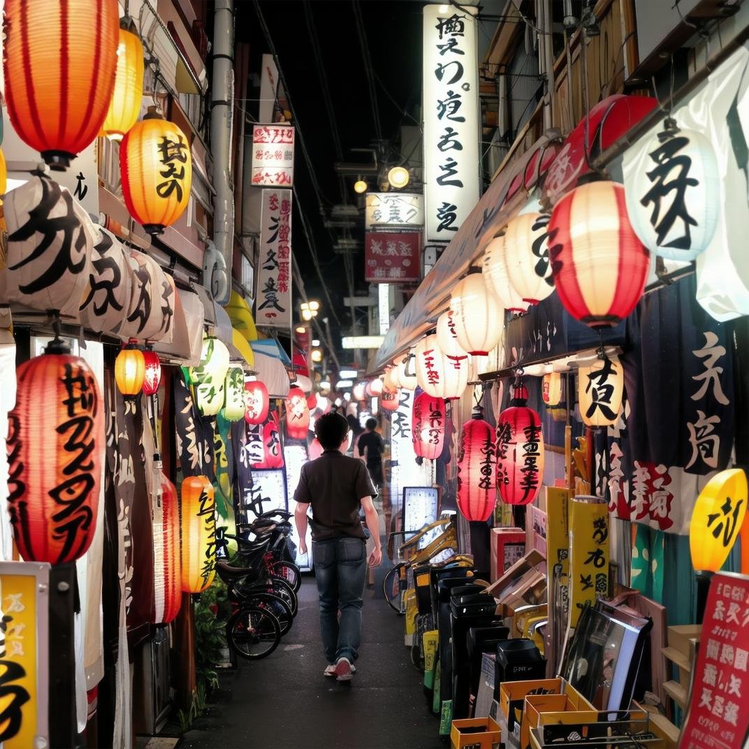 best quality, ultra-detailed, illustration,syonbenyokocho, street, japan, bicycle, neon lights, scenery, ground vehicle, outdoors, night, sign, city, 1boy, bag, paper lantern, multiple boys, cable, male focus, building, lantern, shop, road, realistic, photo background, photo (medium) <lora:JAPN_SCENERY_SYONBEN-YOKOCHO_SD15_V1:1>