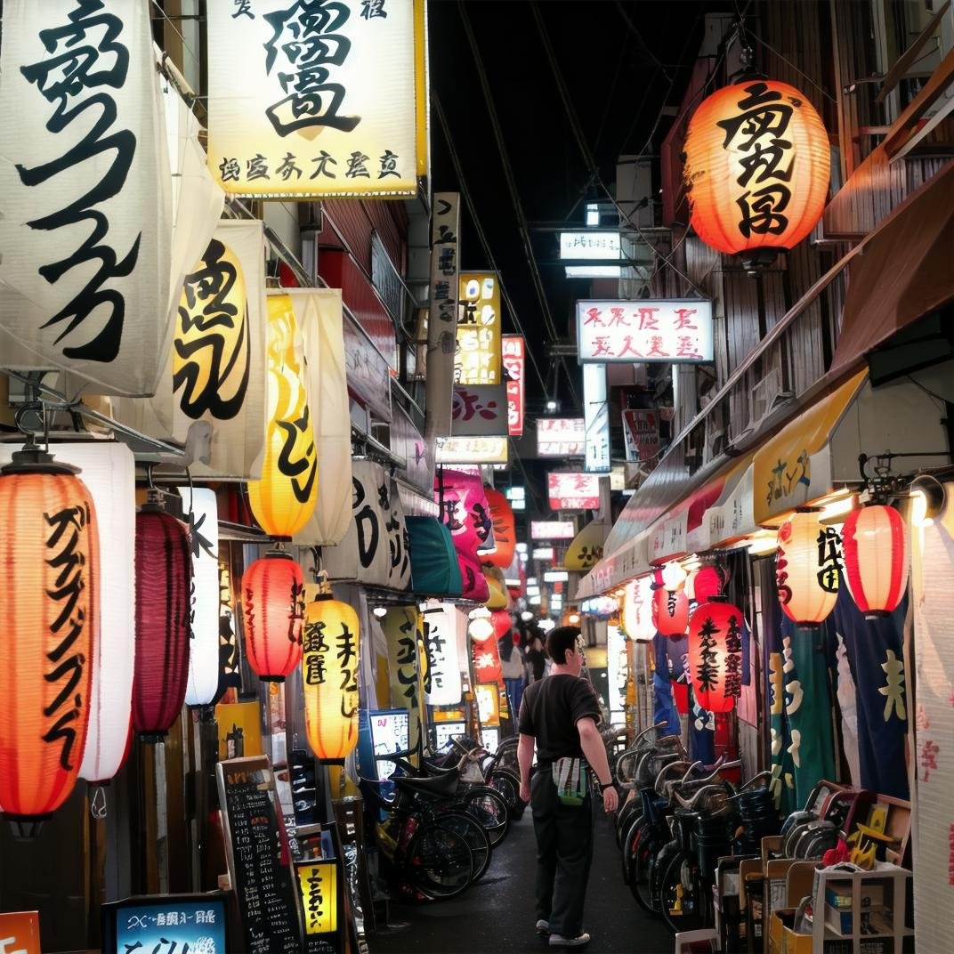 best quality, ultra-detailed, illustration,syonbenyokocho, street, japan, bicycle, neon lights, scenery, ground vehicle, outdoors, night, sign, city, 1boy, bag, paper lantern, multiple boys, cable, male focus, building, lantern, shop, road, realistic, photo background, photo (medium) <lora:JAPN_SCENERY_SYONBEN-YOKOCHO_SD15_V1:1>