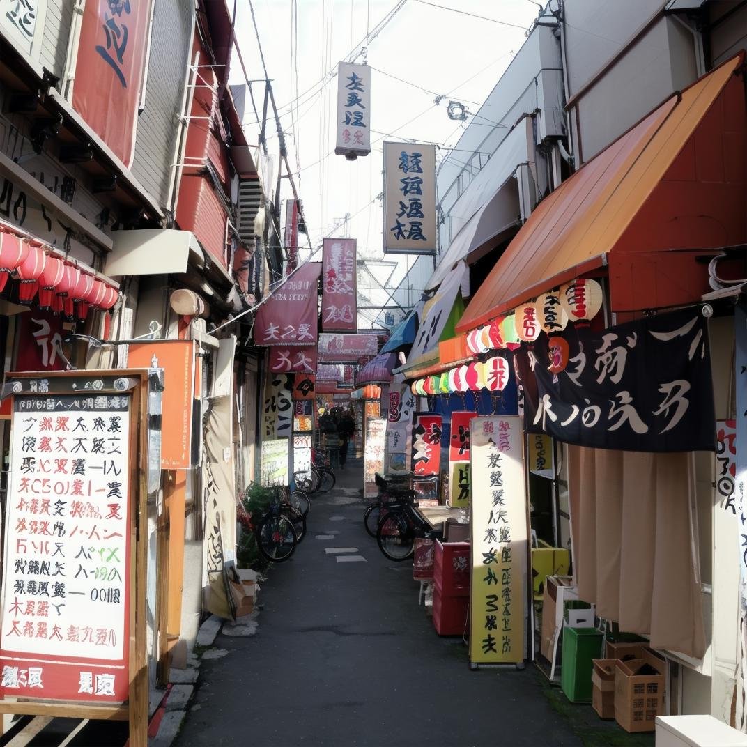 best quality, ultra-detailed, illustration,syonbenyokocho, street, japan, bicycle, alley, outdoors, ground vehicle, scenery, sign, paper lantern, lantern, road, street, storefront, power lines, shop, banner, building, city, day, utility pole, real world location, multiple boys, realistic,  <lora:JAPN_SCENERY_SYONBEN-YOKOCHO_SD15_V1:1>