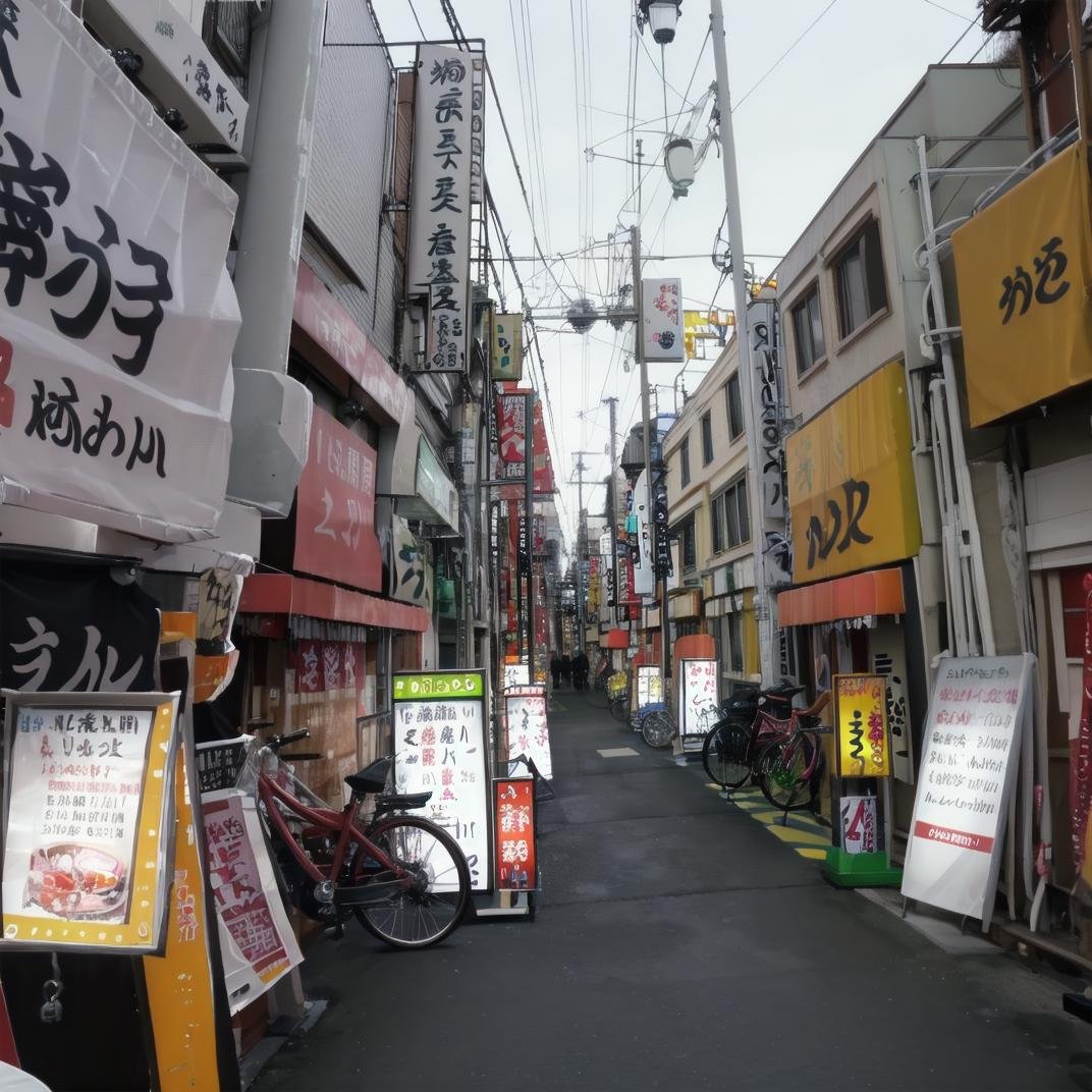 best quality, ultra-detailed, illustration,syonbenyokocho, street, japan, bicycle, scenery, ground vehicle, night, outdoors, city, sign, street, real world location, road, building, multiple girls, power lines, multiple boys, storefront, 6+boys, alley, shop, cityscape, lamppost, vanishing point, walking, sky, bicycle basket, crosswalk, realistic, photo background, photo (medium) <lora:JAPN_SCENERY_SYONBEN-YOKOCHO_SD15_V1:1>