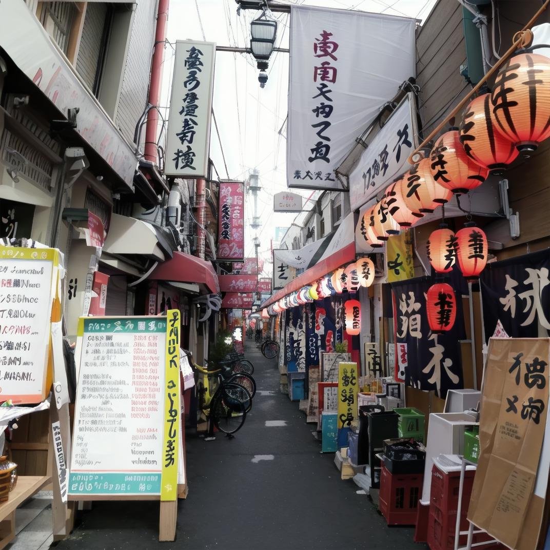 best quality, ultra-detailed, illustration,syonbenyokocho, street, japan, bicycle, alley, outdoors, ground vehicle, scenery, sign, paper lantern, lantern, road, street, storefront, power lines, shop, banner, building, city, day, utility pole, real world location, multiple boys, realistic,  <lora:JAPN_SCENERY_SYONBEN-YOKOCHO_SD15_V1:1>