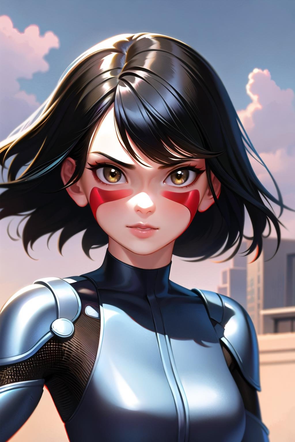 1girl, masterpice, high quality, high detailed, (solo), (nice hands), (nice face and eyes), short hair, black hair, brown eyes, black bodysuit, facial mark, mechanical arms, cyberpunk, red facepaint, android, gally, <lora:Gally-08:0.7>, city, blue sky, science fiction, random pose